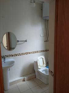 bagno con servizi igienici, lavandino e specchio di Вилла в пансионате Витязь (с. Чок-Тал) a Chok-Tal