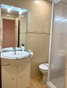 ein Bad mit einem Waschbecken, einem WC und einer Dusche in der Unterkunft APPARTEMENTS SOL y MAR - Cala Llevado 2 in Tossa de Mar