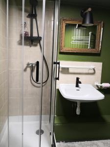 uma casa de banho com um lavatório e um chuveiro em Chambre aux coccinelles em Cosne-Cours-sur-Loire