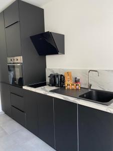 a kitchen with black cabinets and a sink at Résidence Arborea C3 Corte in Corte