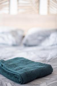 - une serviette verte assise au-dessus du lit dans l'établissement Cham's House - T2 Chamalières, à Chamalières