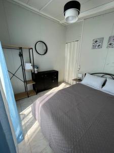 sypialnia z dużym łóżkiem i lustrem w obiekcie Elia’s house w mieście Ligia