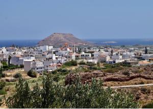 Blick auf eine Stadt mit einem Berg im Hintergrund in der Unterkunft Kalithea Studio 2 in Palekastro