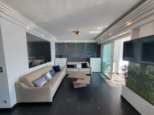 a living room with two couches and a flat screen tv at LE COLOMBIER T3 VUE MER PANORAMIQUE in Antibes