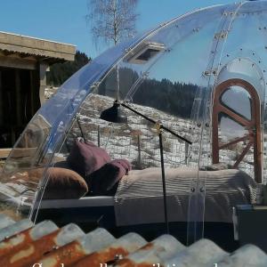 uma tenda transparente com uma cama em Stiklestad Eye em Verdal