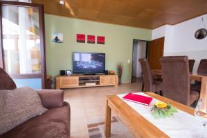 a living room with a couch and a television at Haus Lily Nr.02 bis zu 6 Personen davon max. 2 Kinder in Büsum