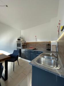 a kitchen with a stainless steel sink and a table at Altes Waldarbeitergehöft in Munster