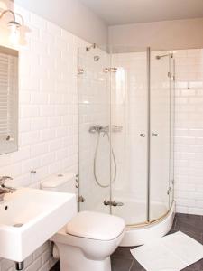 a bathroom with a shower and a toilet and a sink at Gościniec Ptasi Zaułek in Niechorze