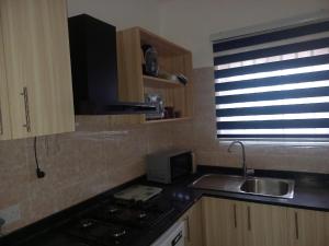 uma cozinha com um lavatório, um fogão e uma janela em KESEWAA's APARTMENT em Acra
