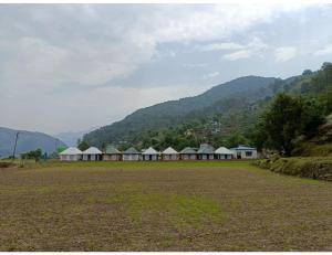 a field with a row of houses and a mountain at Sumeru Camp,Barkot in Barkot