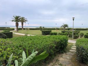 a park with bushes and palm trees and a walkway at PARENTHÈSE NATURE in Canet-en-Roussillon