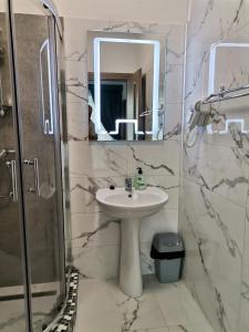 La salle de bains est pourvue d'un lavabo, d'une douche et d'un miroir. dans l'établissement Vila President Sovata, à Sovata