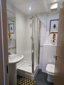 a bathroom with a shower and a toilet and a sink at Beautiful Modern Coventry City Centre Apartment in Coventry