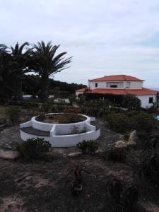 a garden with two planters in front of a house at Alto da Praia Villa in Colares