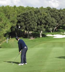 un homme joue au golf sur un parcours dans l'établissement Luxury Villa in perfect location with sea views, à Castillo de Sabinillas