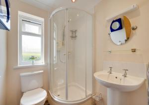 a bathroom with a shower and a toilet and a sink at Island View in Thurlestone