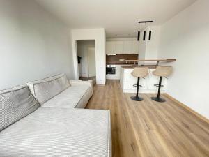 sala de estar con sofá y cocina en Neue stilvolle 2-Zimmer Wohnung im Zentrum von Wolfsburg en Wolfsburg