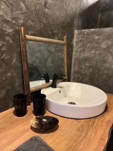 a bathroom sink on a wooden counter with a mirror at NatShi Lodge in Ambaro