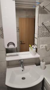 a bathroom with a white sink and a mirror at Apartman Tune 