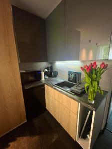a kitchen with a sink and a vase of flowers on a counter at Apartament Ustroń in Ustroń