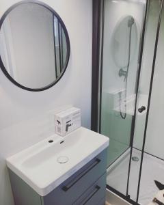 a bathroom with a sink and a mirror at Domki na Łące in Gogołów