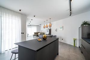 a kitchen and living room with a black island at Villa Luce in Čilipi