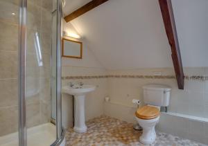 a bathroom with a toilet and a sink and a shower at Luccombe Barn in Exminster
