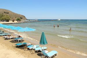 una playa con sillas y sombrillas y gente en el agua en VILLA IRIS, en Vryses