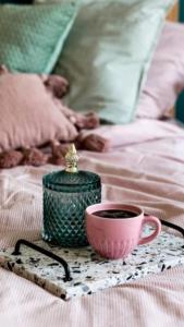 un vassoio con una teiera e una tazza di tè su un letto di Hola Apartamenty Nawrot a Łódź