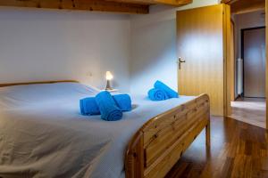 a bedroom with a large bed with blue pillows at Cozy Mountain View Loft, Val di Sole, Trentino in Monclassico