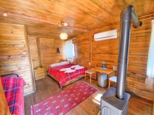 ein Schlafzimmer mit einem Bett und einem Herd in einer Hütte in der Unterkunft Antik Vadi Bungalow in Edremit