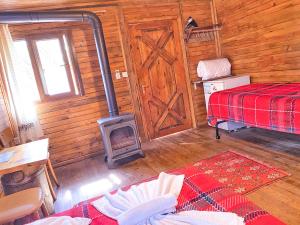 ein Wohnzimmer mit einer Holzhütte mit einem Herd in der Unterkunft Antik Vadi Bungalow in Edremit