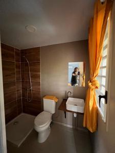 La salle de bains est pourvue de toilettes et d'un lavabo. dans l'établissement Logement en pleine nature, à 15min du centre ville, à Kourou