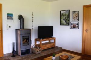 sala de estar con TV y chimenea en Ferienwohnung am Einödhof, en Uttendorf