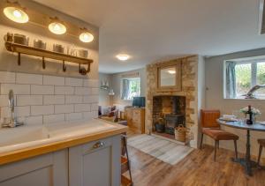 a kitchen and living room with a fireplace at Otters Corner in Branscombe
