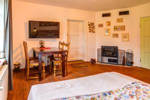 a bedroom with a table and a bed and a fireplace at Uroczysko Skomackie in Stare Juchy