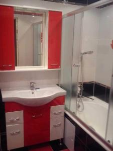 a bathroom with red cabinets and a sink and a shower at Apartment Mia's Home in Orşova