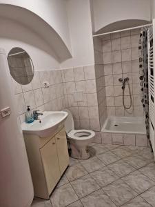 a bathroom with a sink and a toilet and a tub at Chalupa u Šobrů 