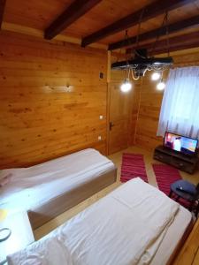 1 dormitorio con 2 camas y TV. en Dvokrevetne Sobe - Snežana, en Ležimir
