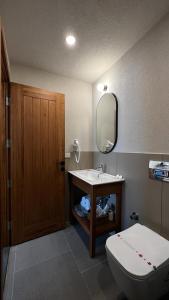 een badkamer met een toilet, een wastafel en een spiegel bij Mimoza Hotel in Oludeniz