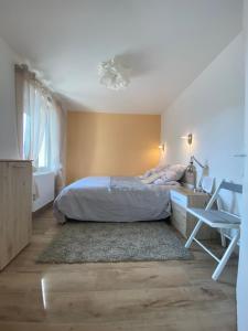 Schlafzimmer mit einem Bett, einem Schreibtisch und einem Stuhl in der Unterkunft Modern and well done flat Geneva - self check-in in Saint-Genis-Pouilly