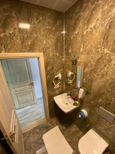 a bathroom with a sink and a toilet and a mirror at Vadidekal Suite Hotel in Çamlıhemşin