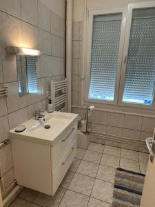uma casa de banho branca com um lavatório e um chuveiro em Best holliday Home for family newly renovated em Garges-lès-Gonesse