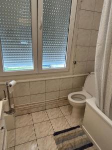a bathroom with a toilet and two windows at Best holliday Home for family newly renovated in Garges-lès-Gonesse