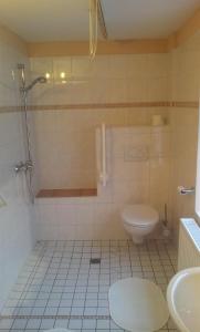 a bathroom with a toilet and a shower at Ferienwohnungen am Neuen Markt in Einbeck +18 photos