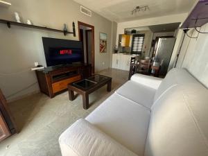 a living room with a white couch and a tv at Huerto Apartment in Lucena