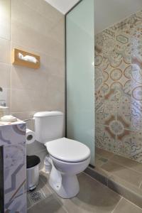 a bathroom with a toilet and a shower at To Patriko Mas Guesthouse-2 in Palaios Panteleimon