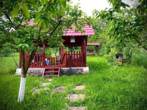 a small red building in the grass with a tree at Casa Teresa in Cluj-Napoca
