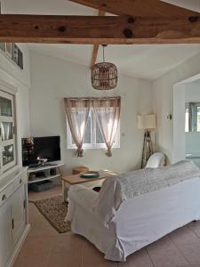 a bedroom with a bed and a table and a tv at La Pitchoune in Andernos-les-Bains