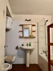 een badkamer met een wastafel, een toilet en een spiegel bij Luxury Duplex Malaga Center in Málaga